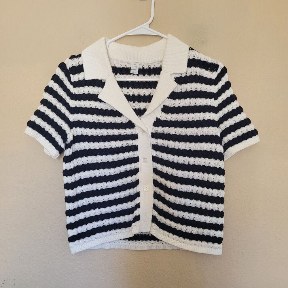 Womens Xs Crochet Knit Short Sleeve Button Up Shirt Striped French Girl Parisian